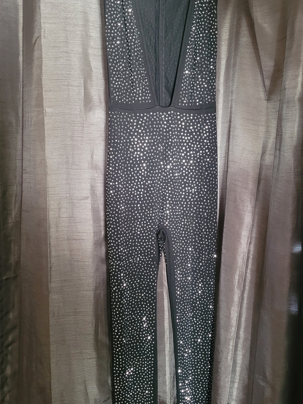 Black Sequined Deep-V Jumpsuit